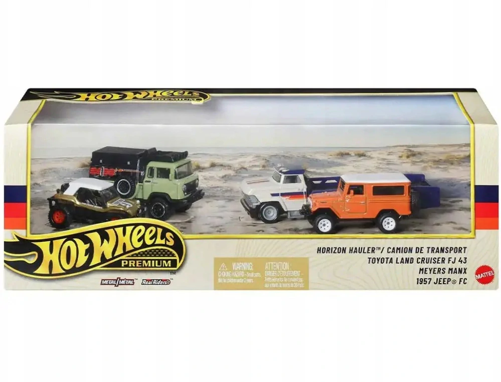 1:64 Horizon Hauler/Camion de Transport, Toyota Land Cruiser FJ43, Meyers Manx, 1957 Jeep - Hot Wheels Premium
