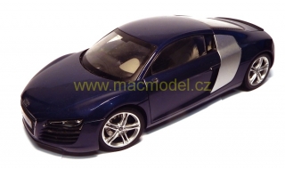 1:18 Audi R8 modro-stříbrný, vloženo do boxu, bazar, poškozený bez zrcátek - Kyosho