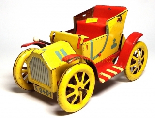 1:32 Ford T, plech, výrobce nevyznačen, poškozený, pákový pohon funkční - staré hračky
