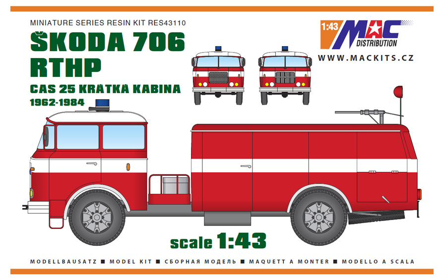 1:43 Skoda 706 RTHP CAS 25 1962-1984 krátká kabina, limitovaný model - resinová stavebnice - na skladě - MACmodel